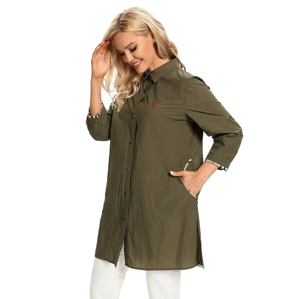 Women's Plus Size Windbreaker Mid-Length Lapel Shirt Spring And Autumn Loose Buttoned Windbreaker
