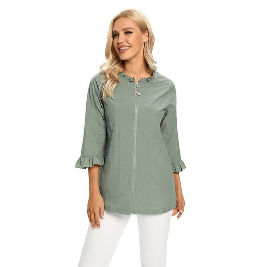 Women's Plus Size Windbreaker Mid-Length Round Neck Jacket Spring And Autumn Loose Zipper Windbreaker